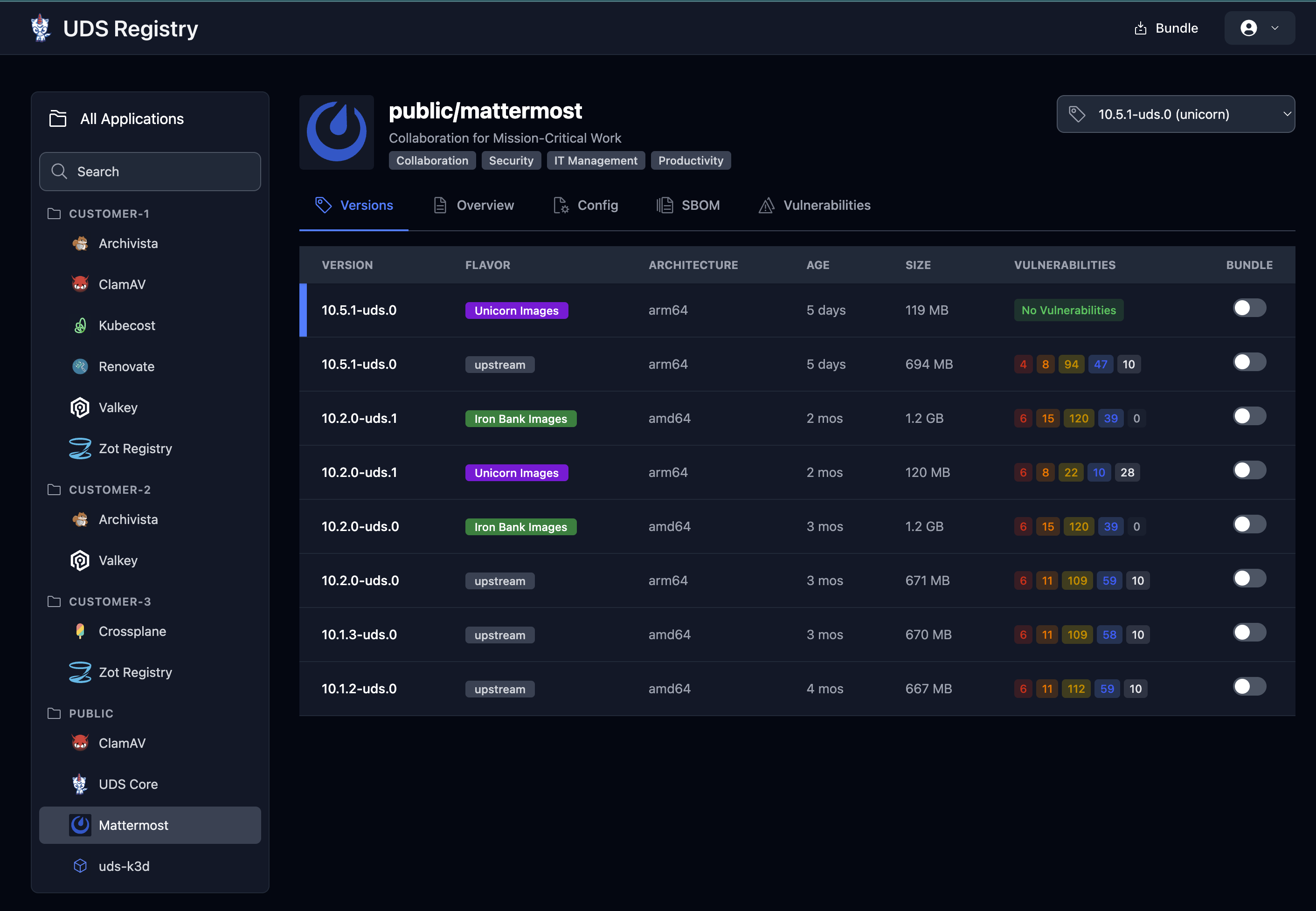 Application/Package page - available version tags